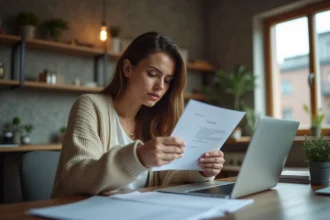 Femme d'une trentaine d'années tenant une lettre officielle