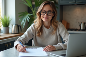 Femme confiante examinant des documents de prêt dans une cuisine moderne
