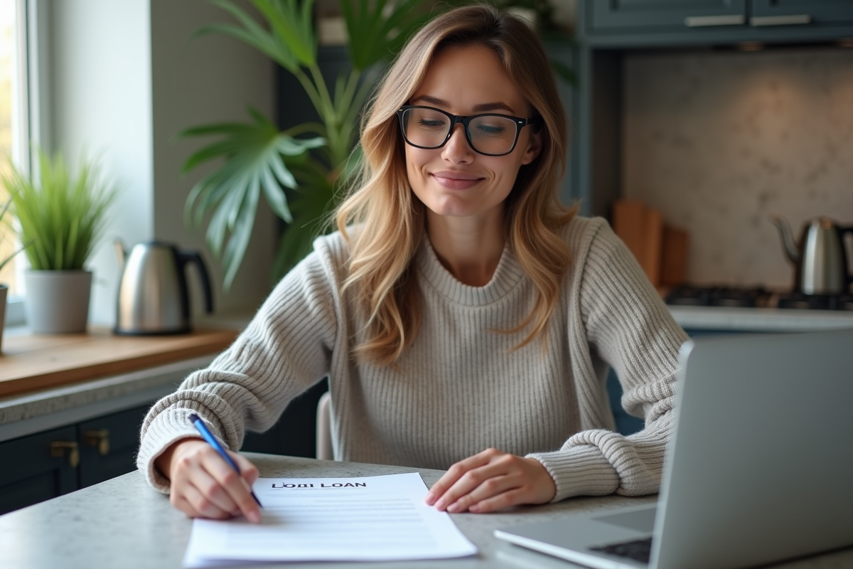 Femme confiante examinant des documents de prêt dans une cuisine moderne
