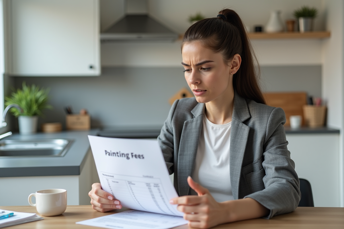Jeune femme regardant facture de peinture dans cuisine