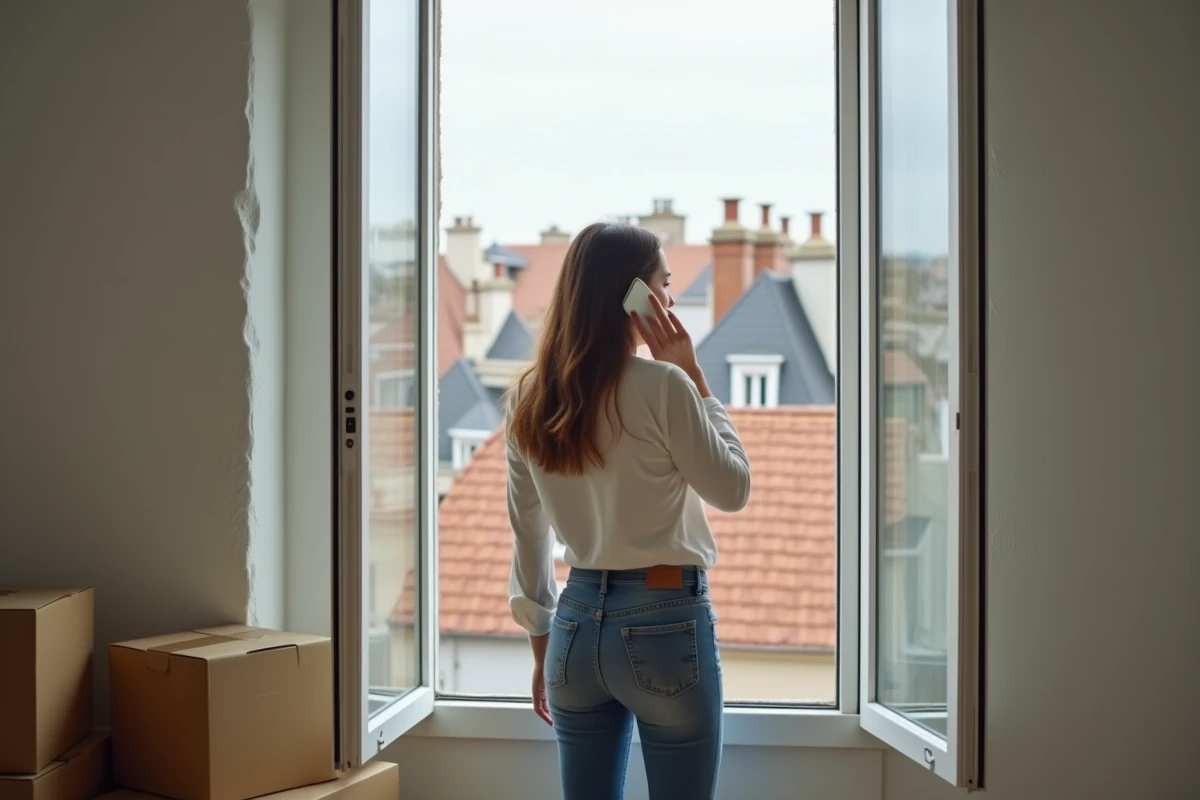 Jeune femme regardant la ville depuis une fenêtre à Toulouse