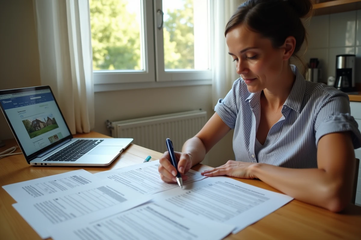 Femme relisant attentivement un acte de vente notarié à la maison avant la signature, entourée de documents immobiliers et d'un ordinateur portable