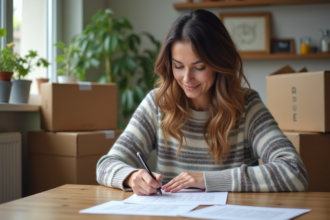 Femme en jeans et pull à rayures remplissant des formulaires de changement d'adresse