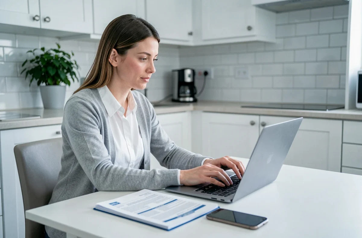 Femme préparant sa résiliation d'assurance habitation en ligne depuis sa cuisine