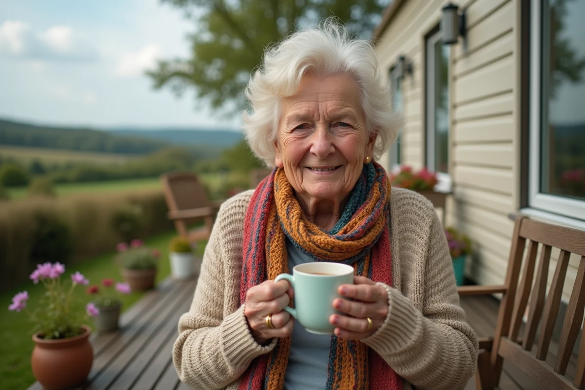 Femme retraitée sirotant un thé sur sa terrasse en pleine nature
