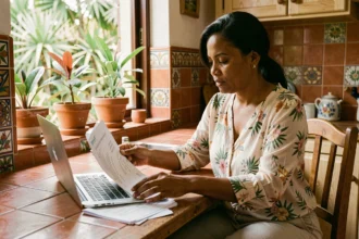 Femme réunionnaise comparant des offres d'assurance habitation sur son ordinateur portable dans une cuisine créole