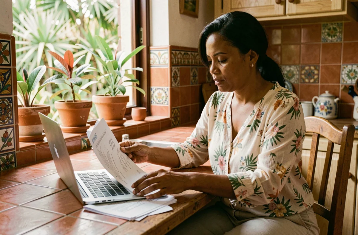 Femme réunionnaise comparant des offres d'assurance habitation sur son ordinateur portable dans une cuisine créole