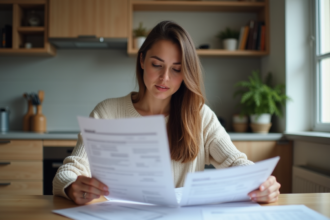 Jeune femme examine ses factures de location dans une cuisine moderne