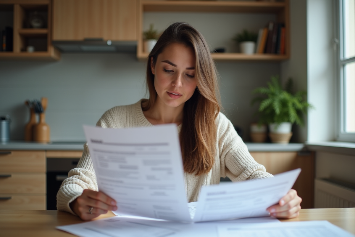 Jeune femme examine ses factures de location dans une cuisine moderne