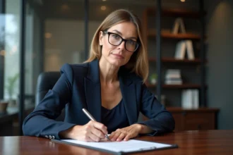 Femme professionnelle signant des documents dans un bureau moderne