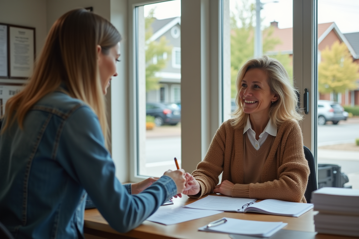Femme souriante recevant un document signé d’un travailleur social