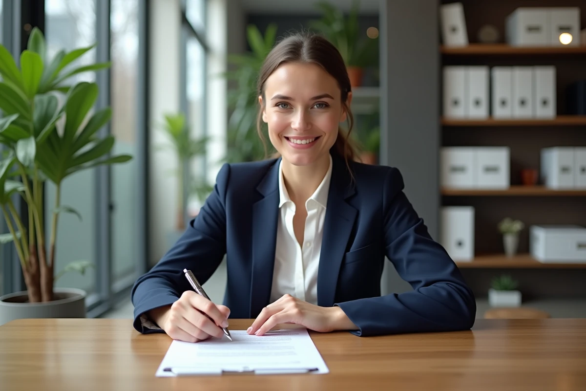 Femme professionnelle signant un contrat de prêt immobilier