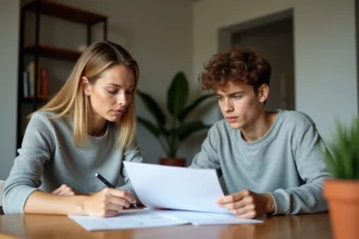 Femme et adolescent discutent de leur dossier logement