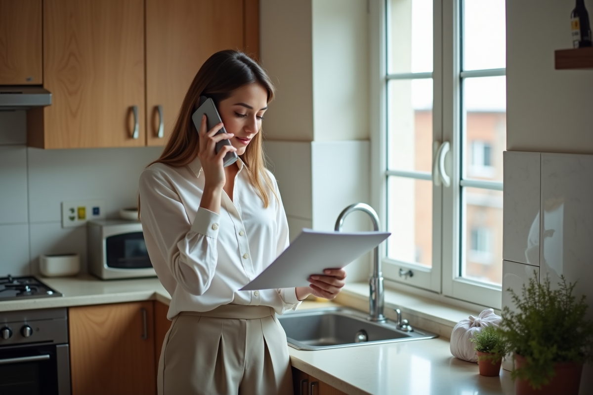 Jeune femme professionnelle parlant au téléphone dans une cuisine moderne