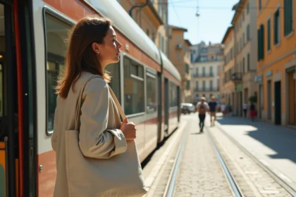 Femme descendant d'un tramway moderne sur un boulevard piétonnier d'Avignon avec des bâtiments provençaux en arrière-plan