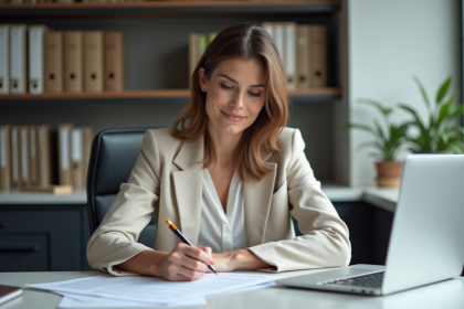 Femme souriante en bureau moderne remplissant des papiers