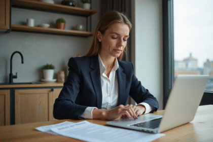 Femme en costume professionnel consulte documents de location