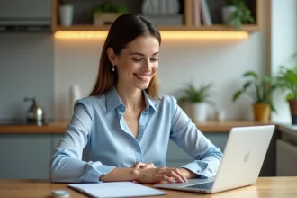 Femme souriante travaillant à domicile avec ordinateur