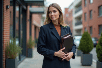 Femme professionnelle examine l'entrée d'un immeuble moderne