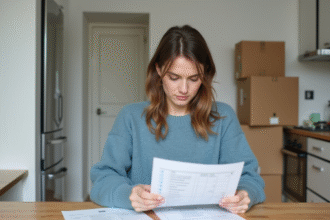 Jeune femme vérifiant sa facture d'électricité à la maison