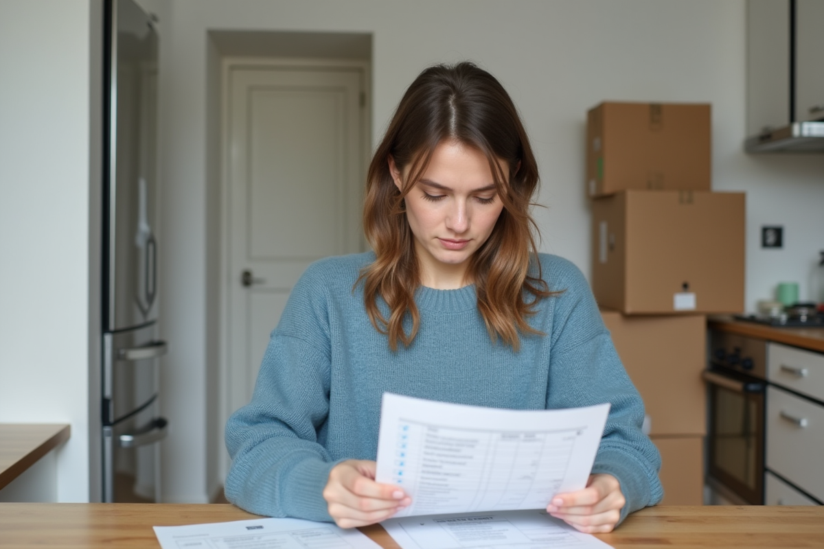 Jeune femme vérifiant sa facture d'électricité à la maison