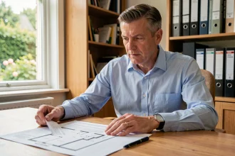 Homme examinant un dossier de financement pour l'achat d'une parcelle en PRL avec des documents de crédit immobilier