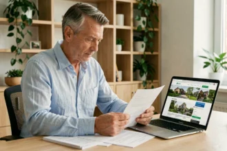 Homme français consultant des documents de financement immobilier pour acheter une maison en Thaïlande depuis son bureau à domicile