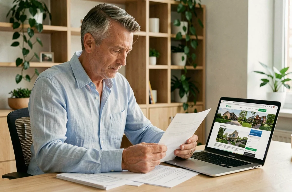 Homme français consultant des documents de financement immobilier pour acheter une maison en Thaïlande depuis son bureau à domicile