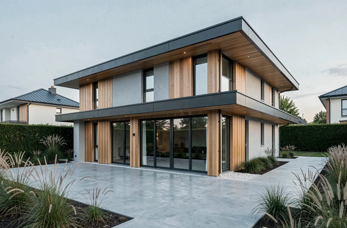 Maison haut de gamme Gallois-Portelli avec façade mixte bois et enduit gris dans un quartier résidentiel de Reims
