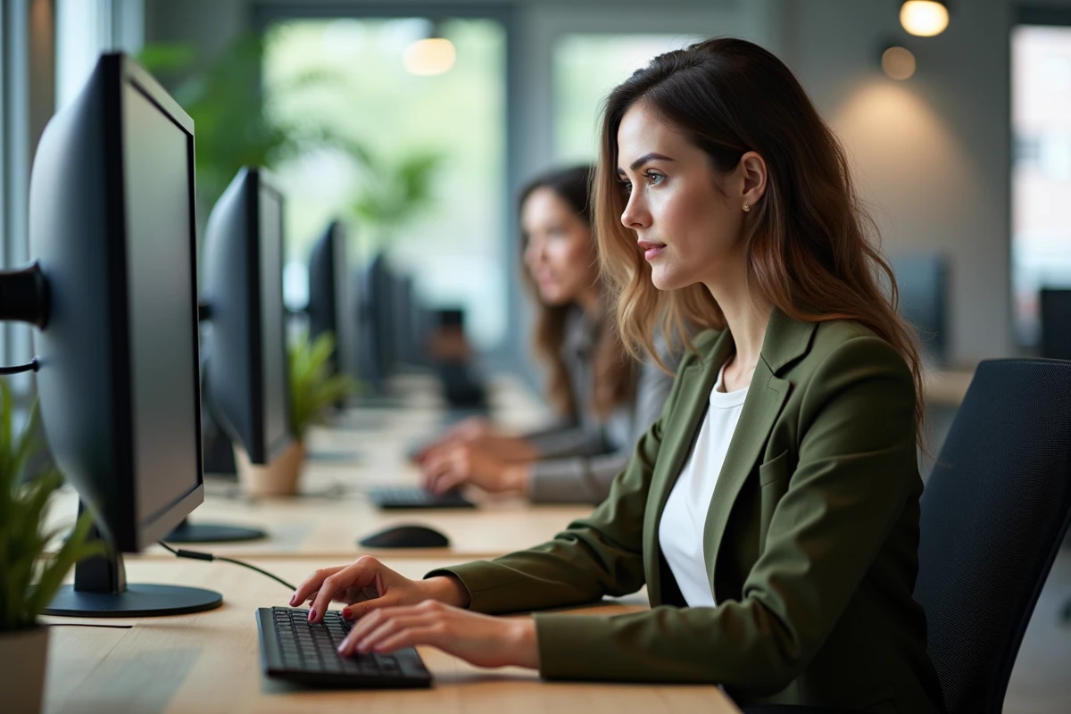 Professionnelle gérant les alertes email et paramètres de pièces jointes dans un open space moderne