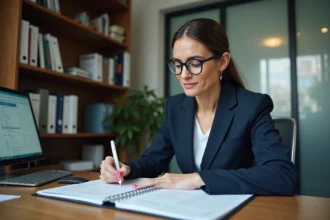 Gestionnaire de copropriété consultant un registre de coproprietaires dans un bureau administratif