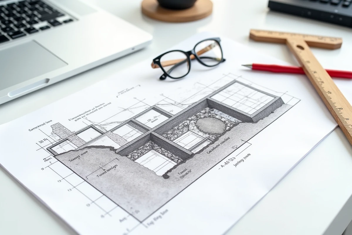 Gros plan sur un plan en coupe architectural de terrain et de construction posé sur un bureau avec outils de dessin
