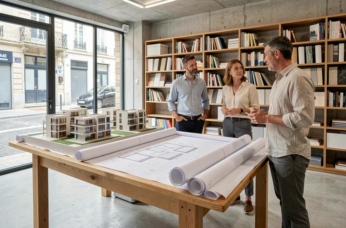 Équipe d'architectes du Groupe A40 autour d'une table de travail dans un studio moderne à Bordeaux
