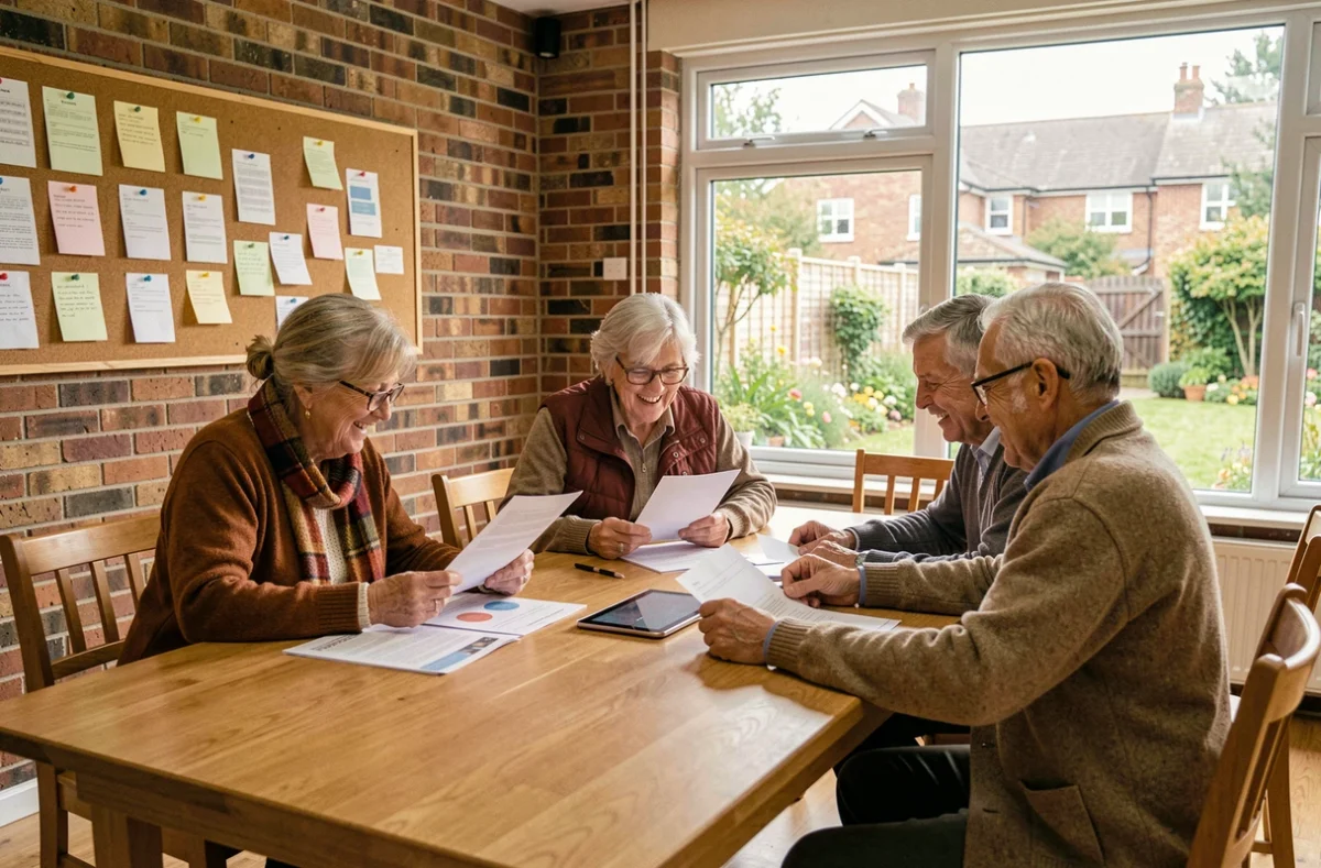 Groupe de seniors réunis autour d'une table dans une salle communautaire pour discuter d'un projet d'habitat participatif
