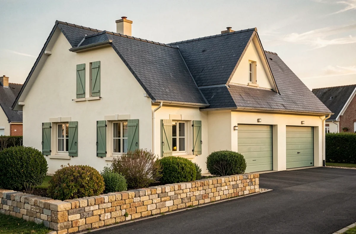 Maison familiale construite par Habitat Concept en Eure-et-Loir avec volets en bois et toiture ardoise anthracite