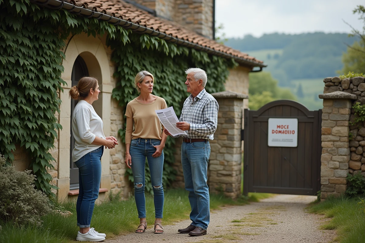 Trois héritiers adultes devant une maison familiale en discussion sur les risques d'une donation gratuite et de la succession