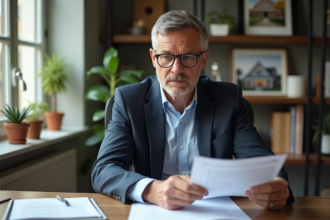 Homme d'affaires en costume examine des documents immobiliers