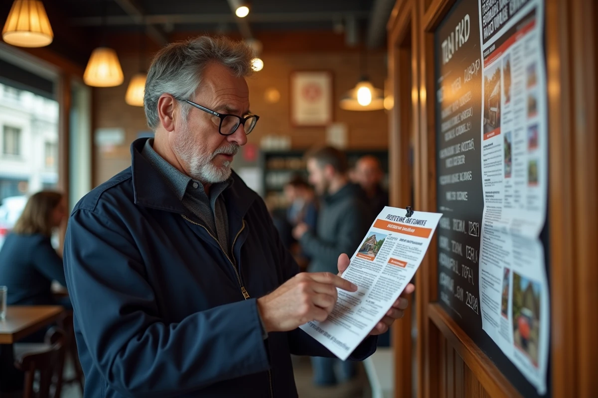 Homme examine une annonce de location dans un café français