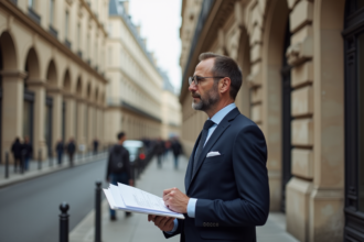 Homme en costume dans une rue parisienne historique