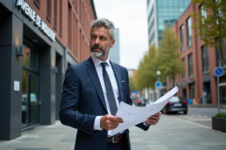Homme d'affaires en costume bleu dans la ville architecturale
