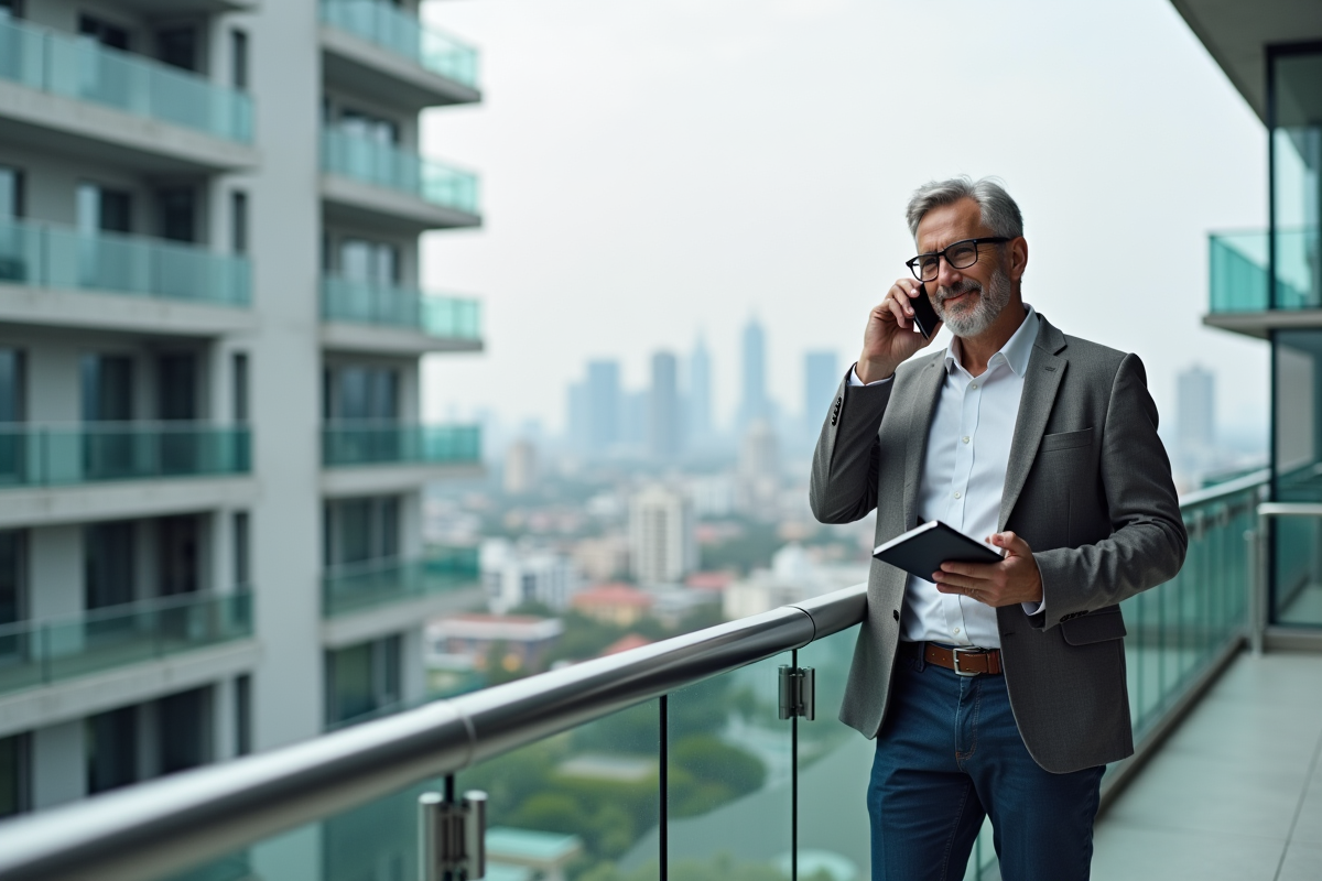 Homme parlant au téléphone sur le balcon d un appartement moderne