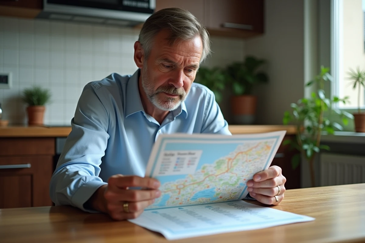 Homme étudiant une carte des zones tendues dans sa cuisine