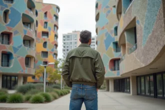 Homme en jeans devant les tours Aillaud à Nanterre