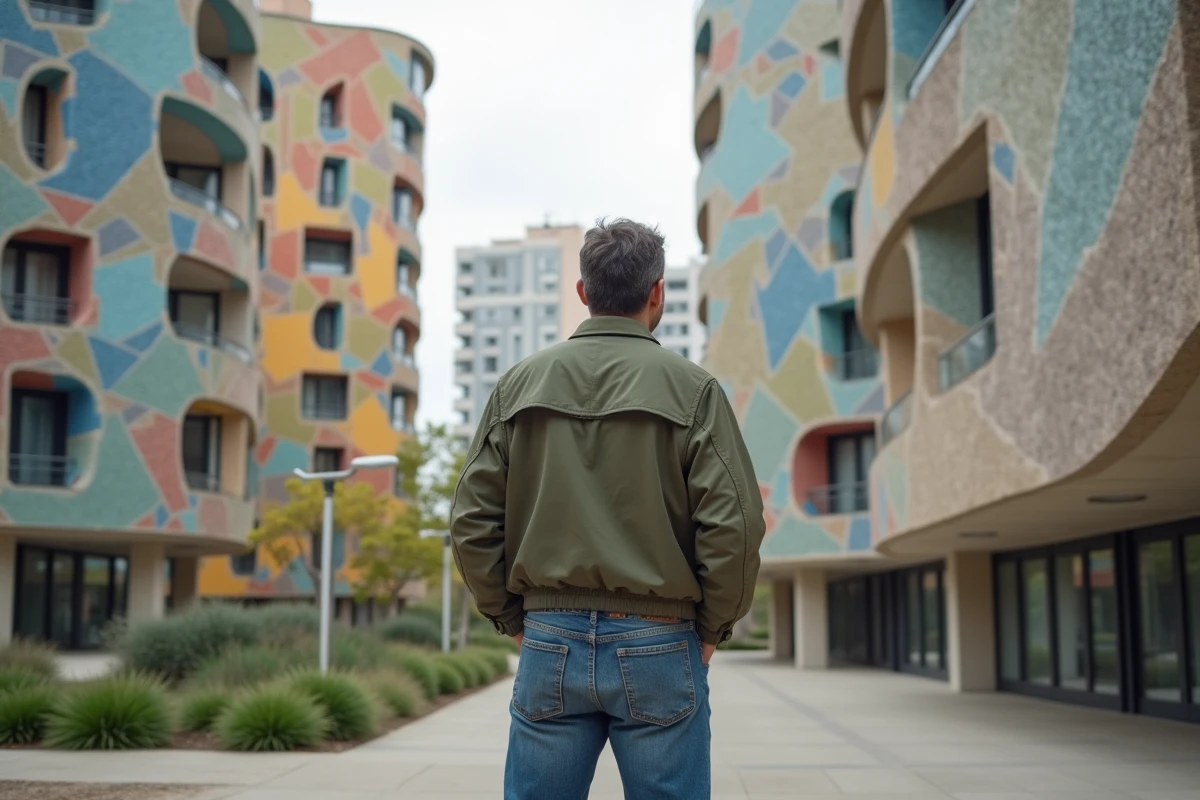 Homme en jeans devant les tours Aillaud à Nanterre