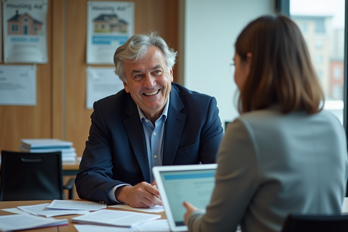 Homme et conseillère logement discutant dans un bureau