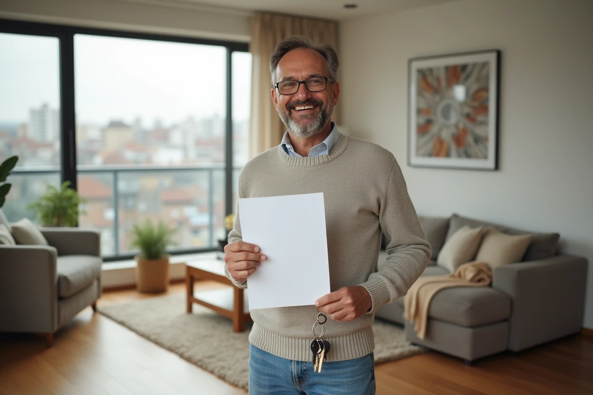 Homme souriant tenant un contrat et des clés dans un appartement