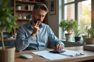 Homme d'âge moyen examinant un contrat de location dans un salon lumineux
