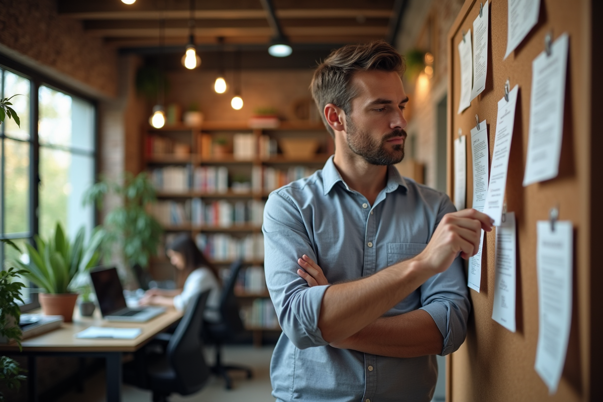 Homme examine annonces immobilières dans espace de coworking