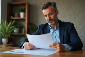 Homme d'affaires en costume lisant des documents à la maison