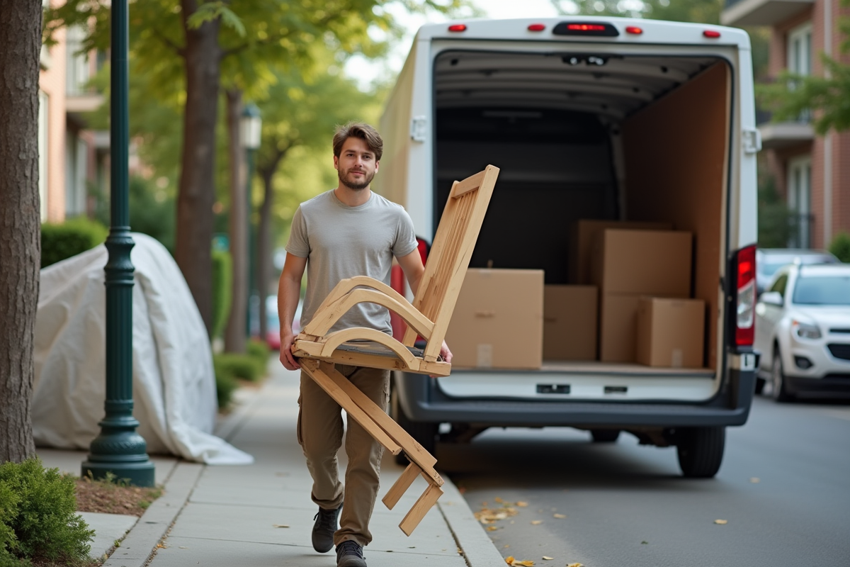Jeune homme portant une chaise en dehors d’un camion de déménagement
